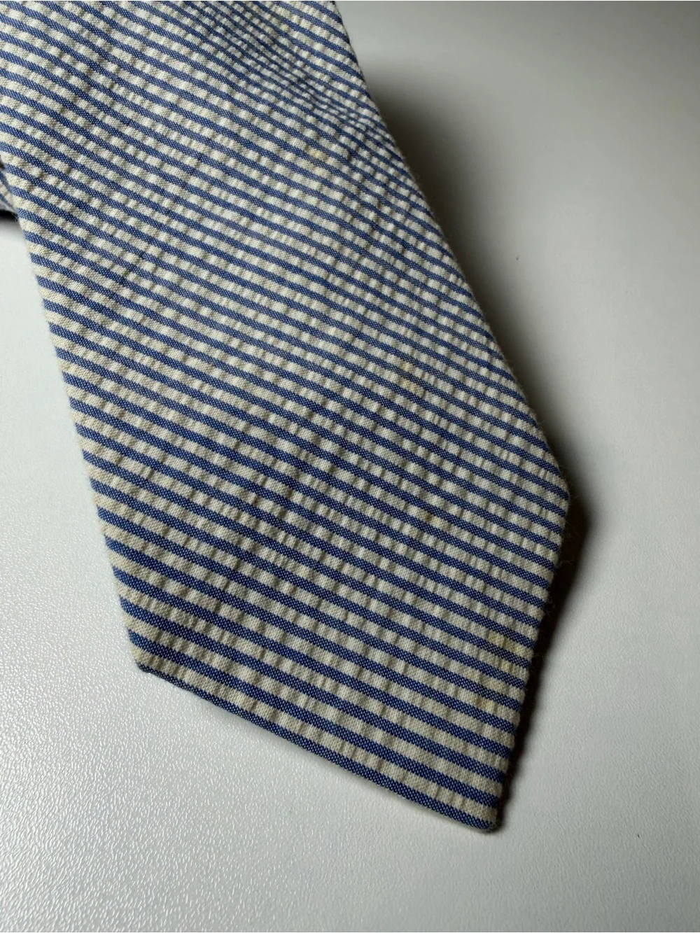 J. Crew 100% Cotton Seersucker Blue and White Diagonal Stripe Slim Modern Tie